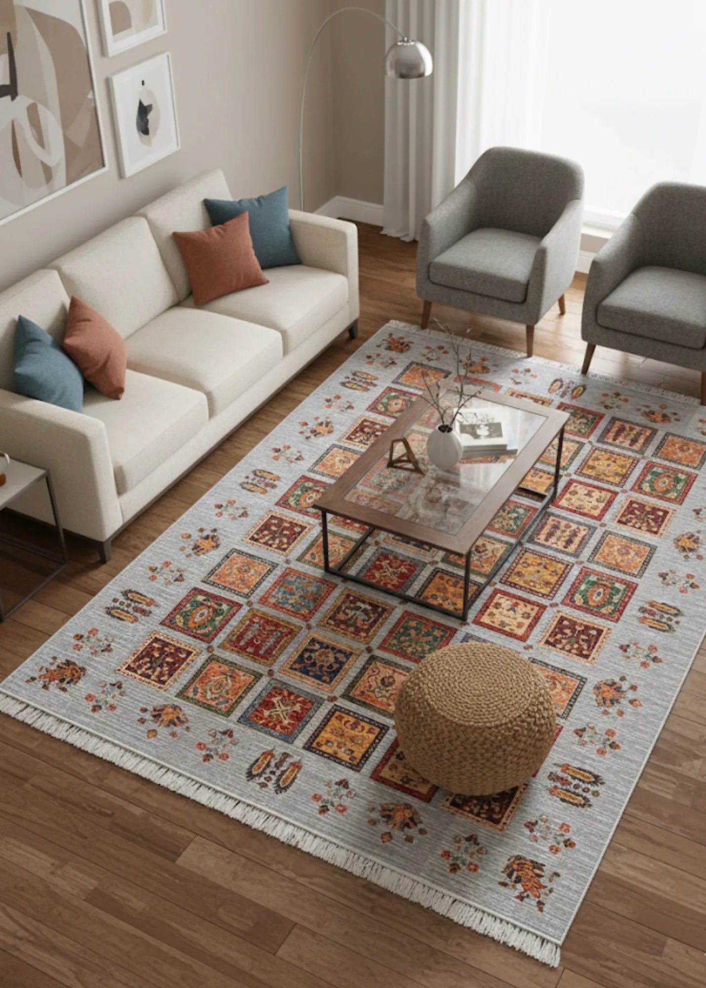 Dijital Baskı Kaymaz Pamuk Taban Tüy Dökmez Etnik Desenli Halı Salon Halısı Koridor Halısı