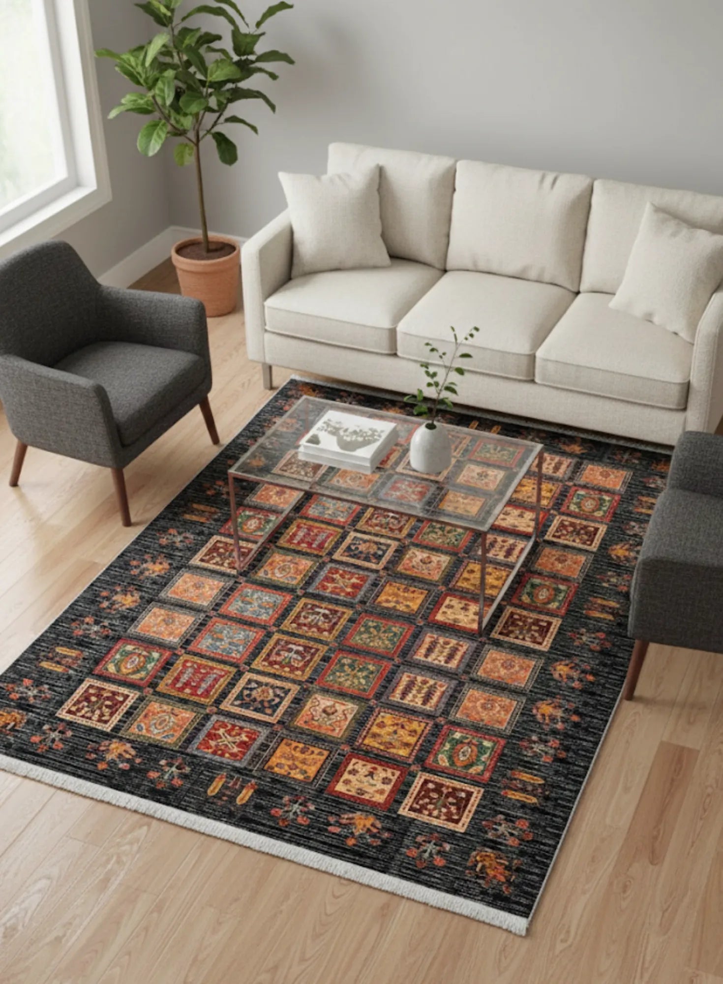 Dijital Baskı Kaymaz Pamuk Taban Tüy Dökmez Etnik Desenli Halı Salon Halısı Koridor Halısı