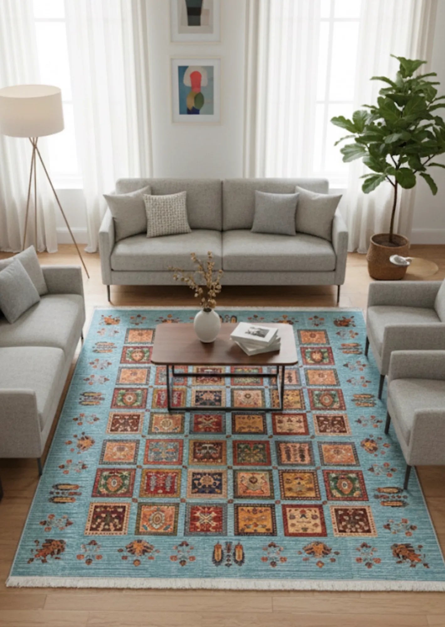 Dijital Baskı Kaymaz Pamuk Taban Tüy Dökmez Etnik Desenli Halı Salon Halısı Koridor Halısı