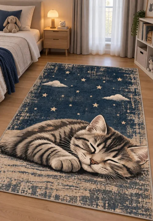 Kaymaz tabanlı sevimli kedi desenli dekoratif halı