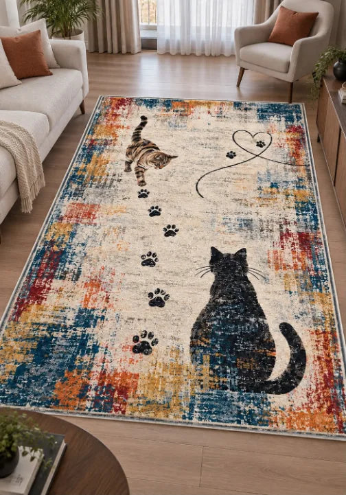 Pamuk dokuma tabanlı modern kedi figürlü halı