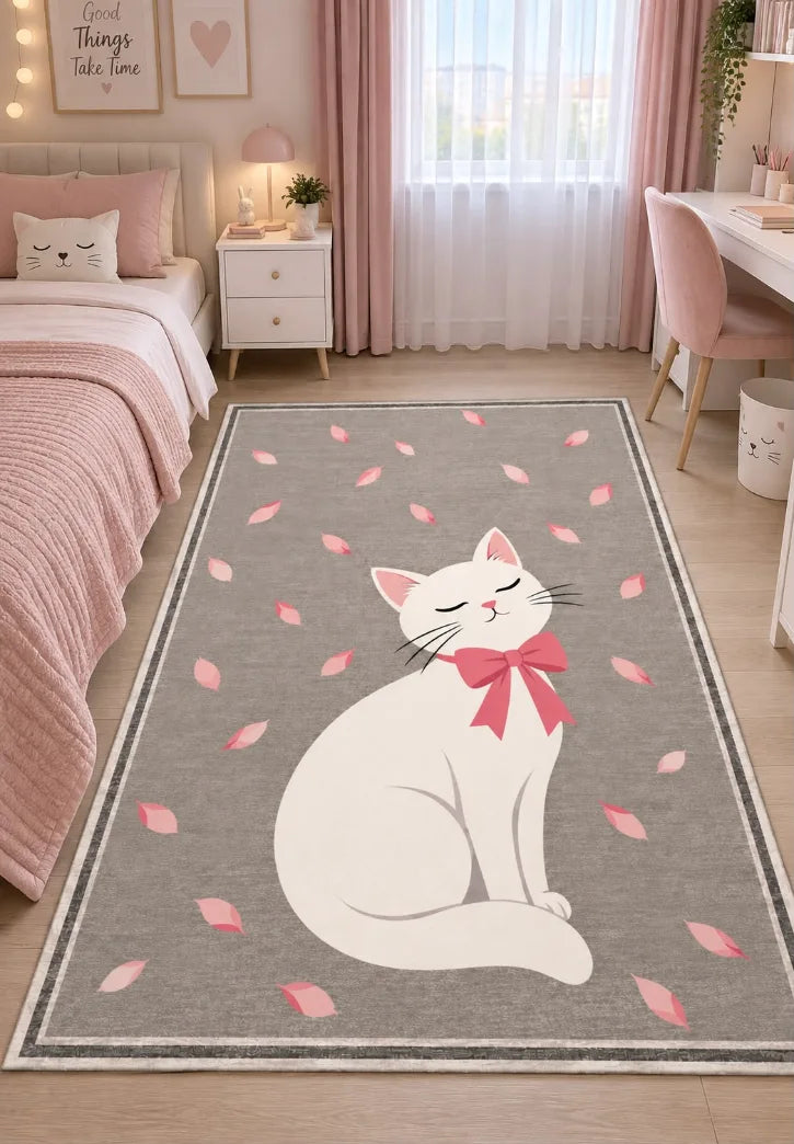 Kedi desenli yumuşak yüzeyli dekoratif genç odası halısı