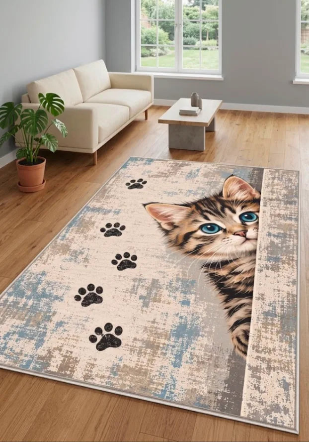 Çocuk odası için pamuk dokuma tabanlı kedi desenli halı