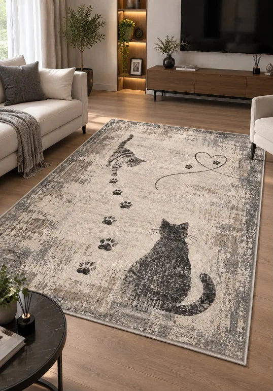Kolay temizlenebilir kedi desenli çocuk odası halısı