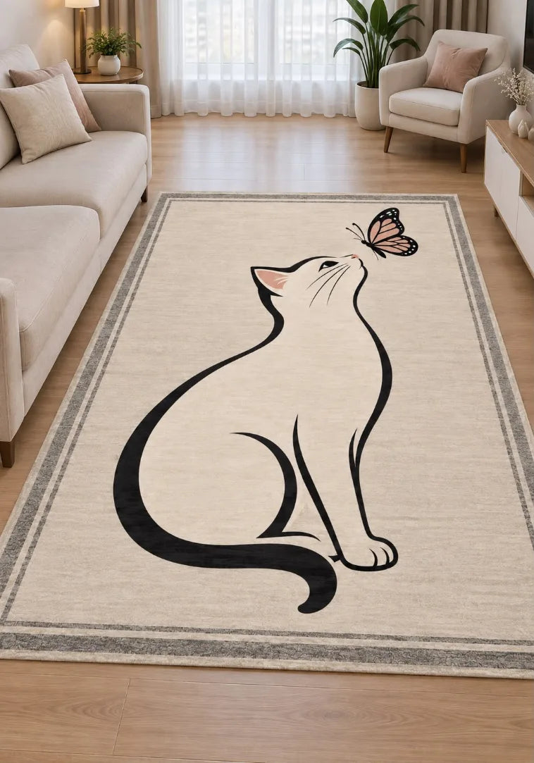 Pati dostu kedi desenli pamuk dokuma kaymaz tabanlı dijital baskı halı