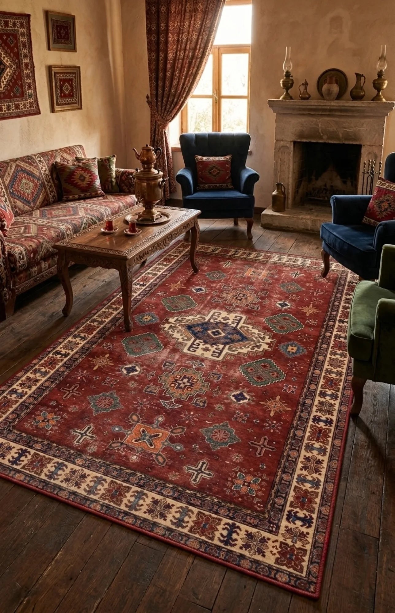 Doğal iplik dokuma dekoratif yolluk kilim, antre, koridor ve salonlarda sıcak ve şık bir görünüm sağlar
