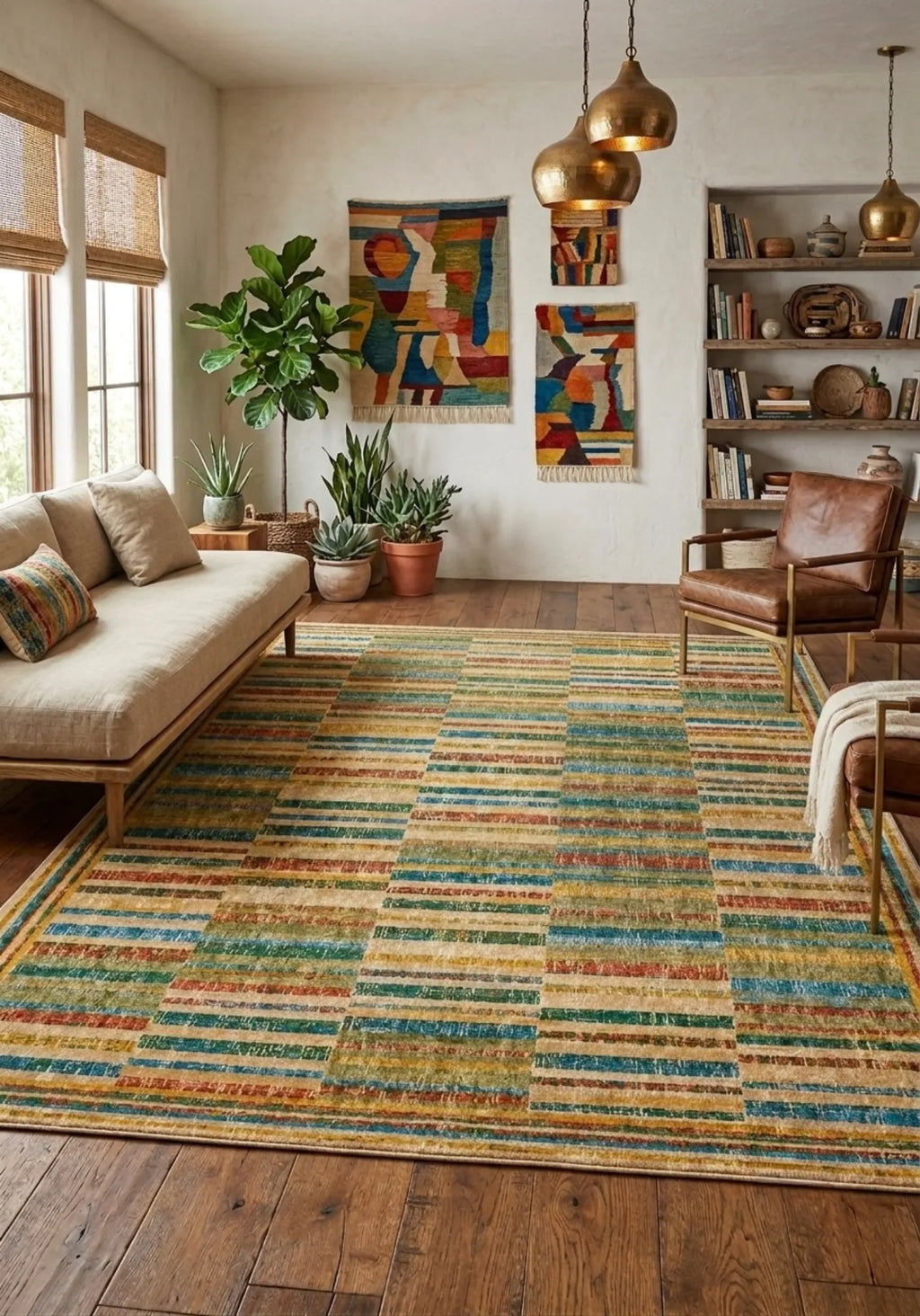 Pamuk tabanlı etnik desenli kilim halı, geleneksel dokuma görünümüyle salon, koridor ve ofis dekorasyonuna uyum sağlar