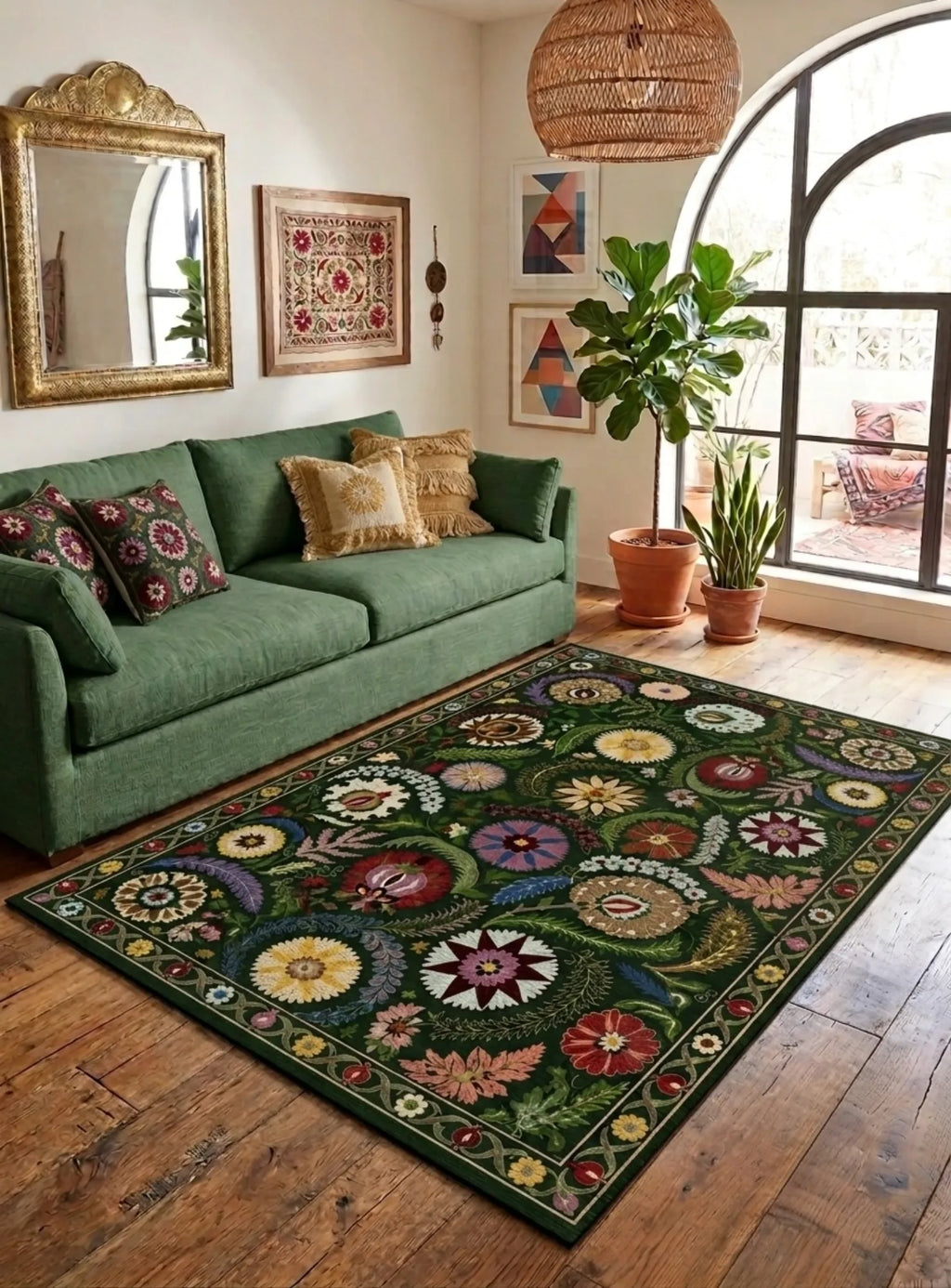 Doğal iplik etnik tarz kilim halı, geleneksel motiflerin modern yorumu ile salon ve antre dekorasyonuna şıklık katar