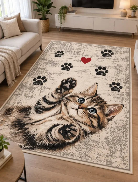Evcil hayvan dostu tasarımlı kedi desenli dekoratif halı