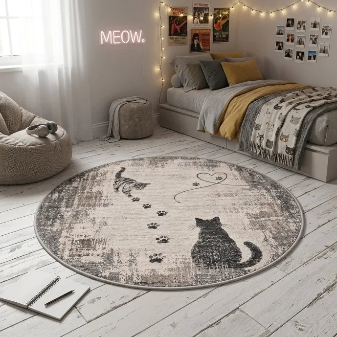 Kolay temizlenebilir kedi desenli çocuk odası halısı