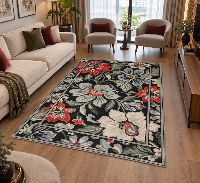 Kaymaz pamuk dokuma tabanlı çiçekli halı