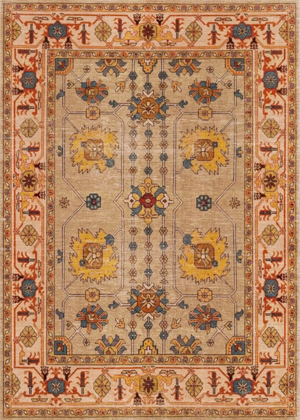 Geleneksel motifli doğal iplik kilim, şönil dokuma yapısı ve pamuk tabanıyla modern yaşam alanlarına uyum sağlar