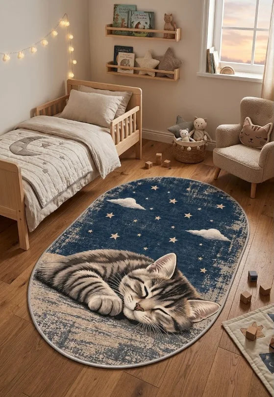 Kaymaz tabanlı sevimli kedi desenli dekoratif halı