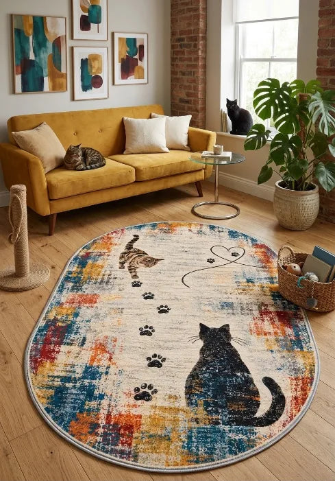 Pamuk dokuma tabanlı modern kedi figürlü halı