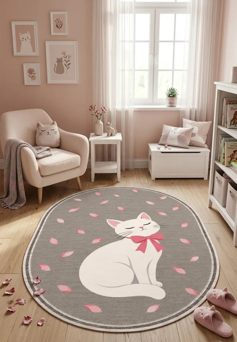 Kedi desenli yumuşak yüzeyli dekoratif genç odası halısı
