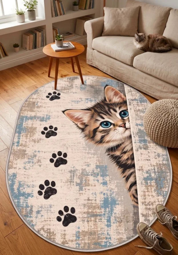 Çocuk odası için pamuk dokuma tabanlı kedi desenli halı