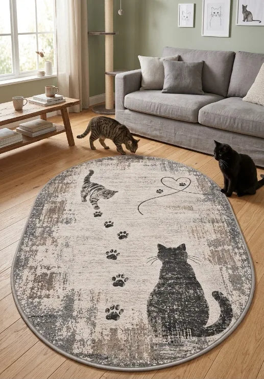 Kolay temizlenebilir kedi desenli çocuk odası halısı