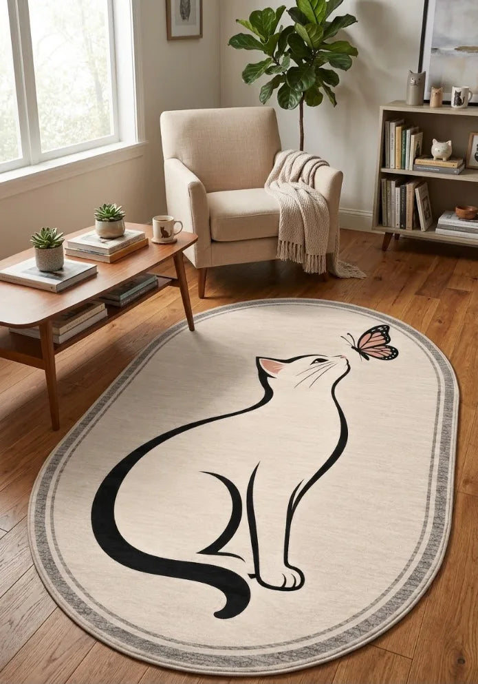 Pati dostu kedi desenli pamuk dokuma kaymaz tabanlı dijital baskı halı