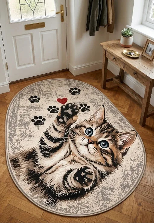 Evcil hayvan dostu tasarımlı kedi desenli dekoratif halı