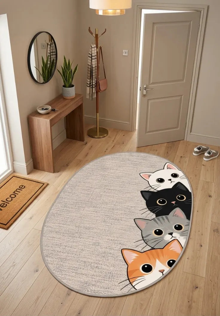 Sevimli kedi desenli dekoratif çocuk odası halısı