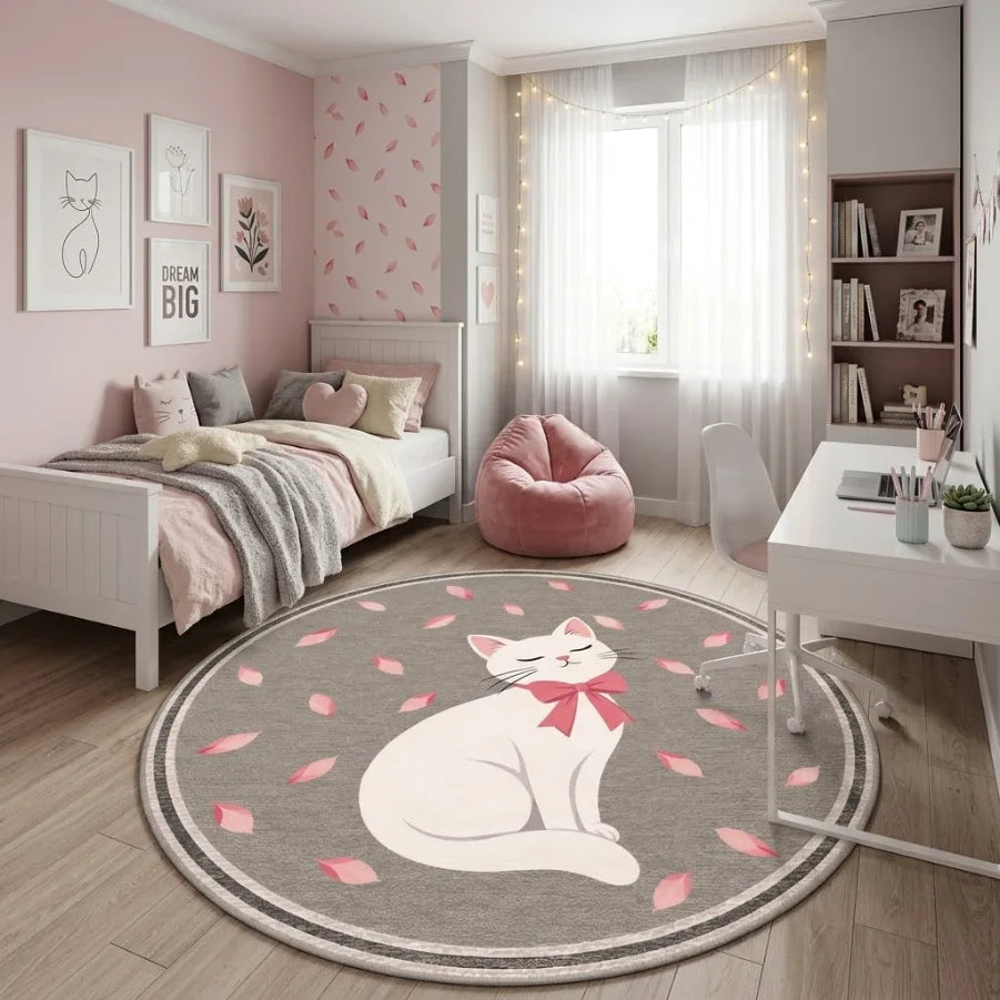 Kedi desenli yumuşak yüzeyli dekoratif genç odası halısı